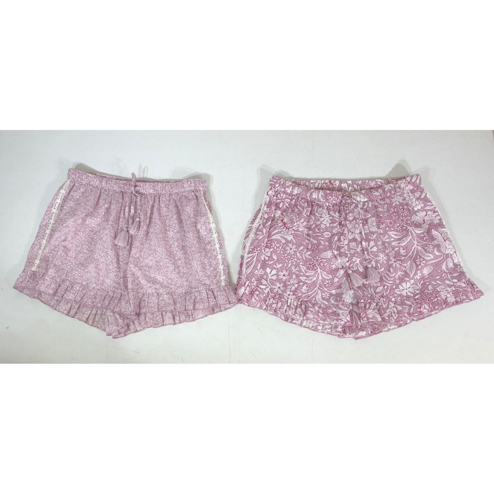 Rachel Ashwell Pajama Shorts Lot of 2 Medium Pink Floral Cotton Ruffle Tassel